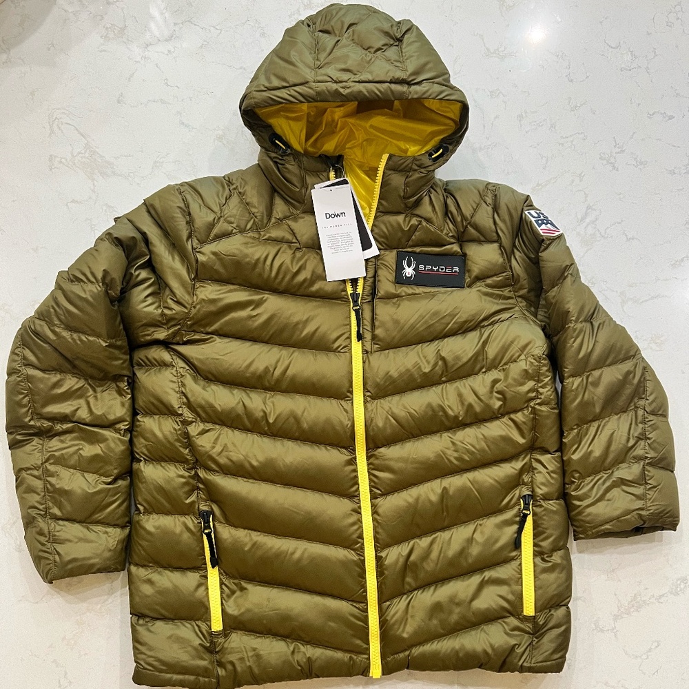 Spyder- Mens Timless Down Jacket Hooded- Olive/Yellow Color
